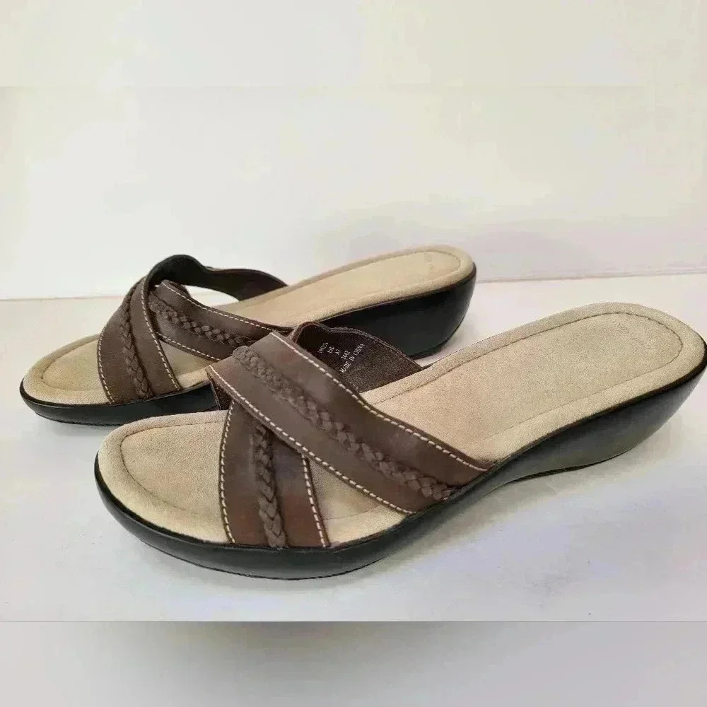 Lands' End Women's Leather Slip On Wedge Sandals Size 8.5